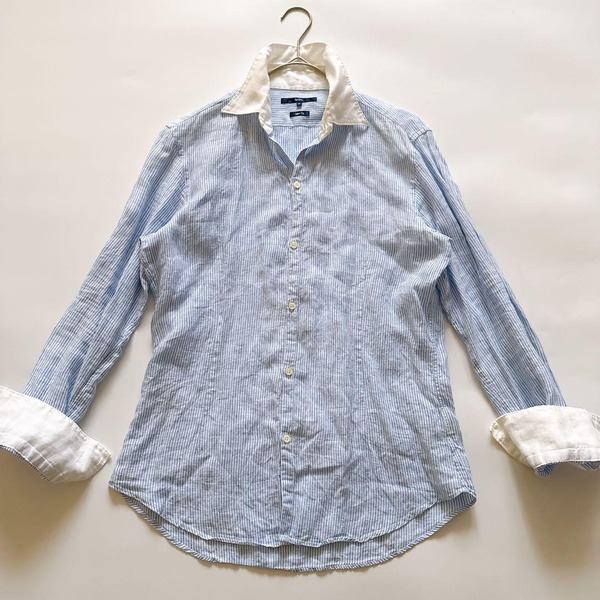 SHIPS シップス リネン100% 麻100% 長袖 クレリックシャツ 襟 切り替え スリムフィット SLIM FIT ブルーストライプ ホワイト M 日本製