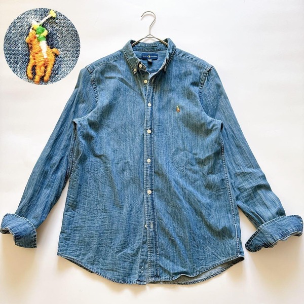 Ralph Lauren ラルフローレン カラーポニー 刺繍 デニム ダンガリー 長袖 ボタンダウン BDシャツ ポニー刺繍 18-20 L相当 アメカジ