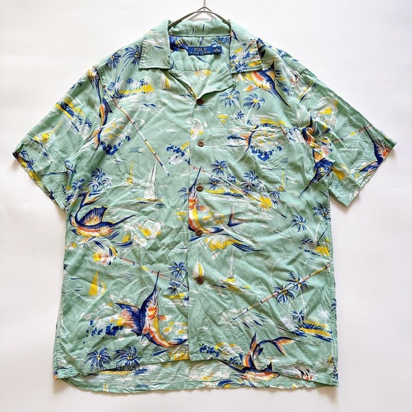 POLO RALPH LAUREN ポロラルフローレン 総柄 魚柄 カジキ柄 釣り アロハシャツ レーヨン 猫目ボタン 開襟シャツ オープンカラー S 半袖