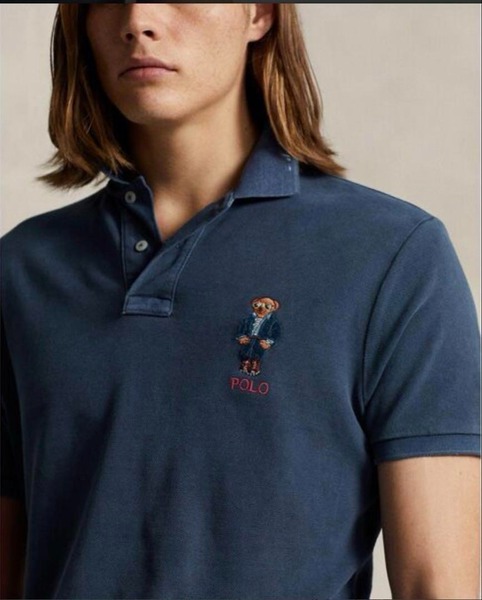 復刻現行 POLObyRalphLauren ポロバイラルフローレン カスタムスリムPoloベアメッシュポロシャツ ポロベア刺繍 CUSTOM SLIM FIT 半袖 紺 L