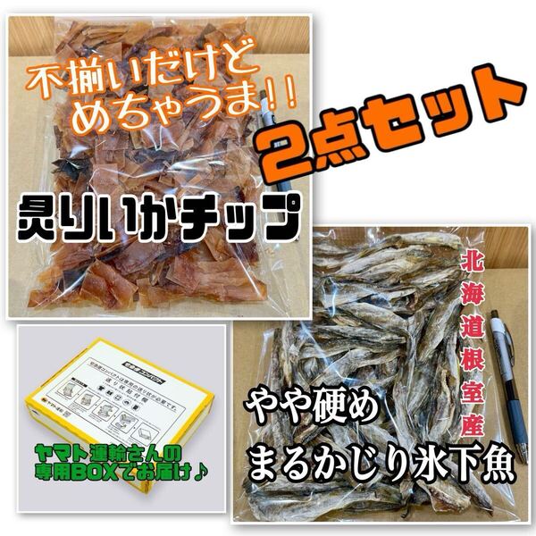 2点セット 不揃いの炙りいかチップ×やや硬めまるかじり氷下魚