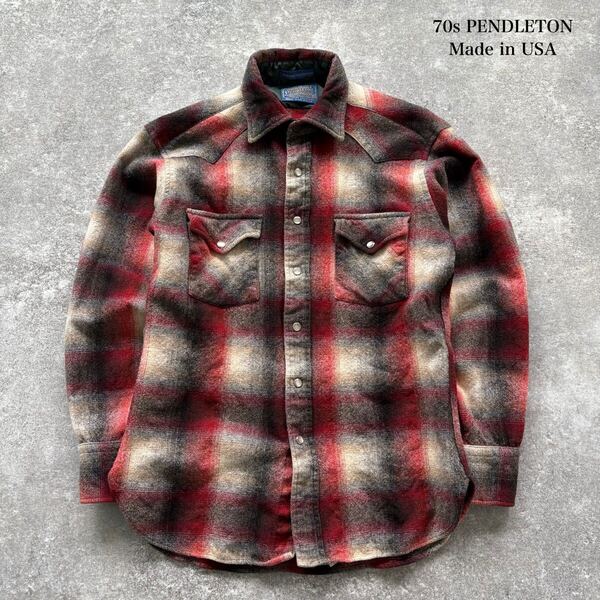 【PENDLETON】ペンドルトン オンブレ ウエスタンシャツ 長袖シャツ ボタンダウン 70s USA製 ヴィンテージ シャドーチェック HIGH GRADE (M)