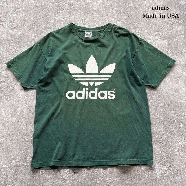 【adidas】アディダス Tシャツ 半袖tee 両面プリント USA製 90s 90年代 トレフォイルロゴ ヴィンテージ アメリカ製 グリーン (Lサイズ)