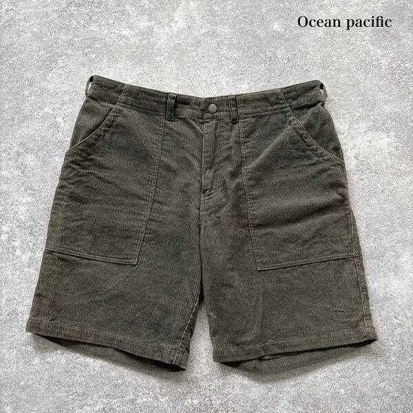 【Ocean pacific】OP オーシャンパシフィック コーデュロイショーツ ハーフパンツ ショートパンツ 夏の定番 モスグリーン 刺繍ロゴ (L)