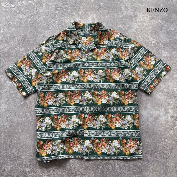 【KENZO】ケンゾー オープンカラーシャツ アロハシャツ 半袖シャツ ループカラー 花柄 ボーダー 80s 80年代 ヴィンテージ 総柄 日本製 (F)