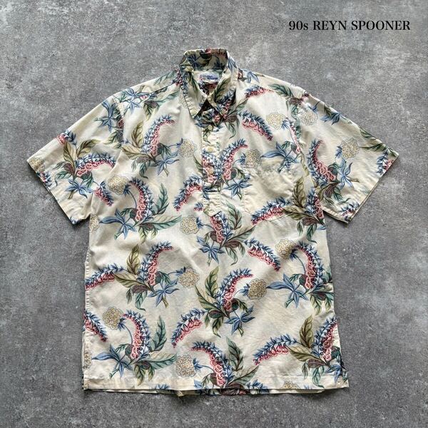 【REYN SPOONER】レインスプーナー 半袖シャツ アロハシャツ ハワイアンシャツ ハーフボタン 90s USA製 ヴィンテージ 半袖シャツ 総柄