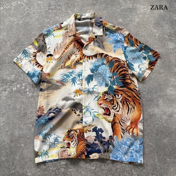 【ZARA】ザラ アロハシャツ オープンカラーシャツ ハワイアンシャツ レーヨン 虎 タイガー柄 総柄 和柄 花柄 半袖シャツ 開襟 (M)