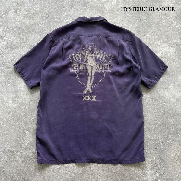 【HYSTERIC GLAMOUR】ヒステリックグラマー オープンカラーシャツ 半袖シャツ ボタンダウンシャツ ヒスガール刺繍 開襟 ヴィンテージ加工