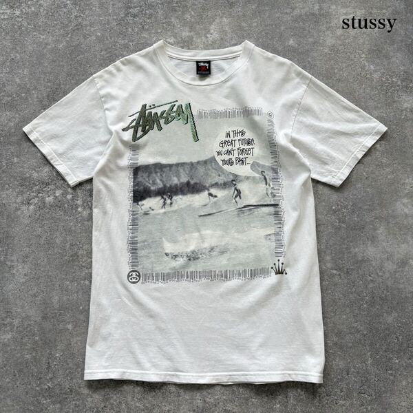 【stussy】ステューシー 半袖Tシャツ tee フォトプリント クラウン SSロゴ ホワイト 白 サーフフォト メキシコ製 激レア (M)