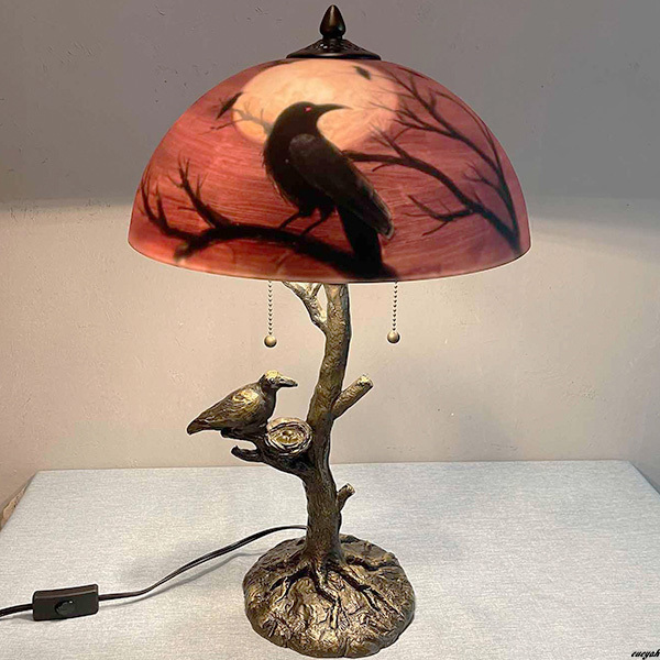 【満月とカラスの幻想アートランプ】 ステンドグラス 手描き カラスモチーフ 幅35.5cm E26口金×2 電球別売 アンティーク
