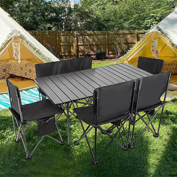 【アルミ製折りたたみテーブル&チェア7点セット】 アウトドア BBQ ピクニック テーブルサイズ120cm×60cm キャンプセット