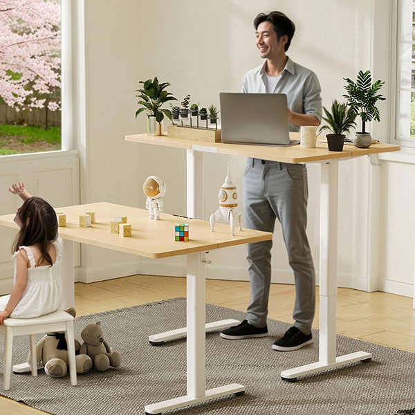 【丸角加工の強化スチール脚で安全性アップ】 電動昇降スタンディングデスク ナチュラル テレワーク ゲーミングデスク 高さ調整