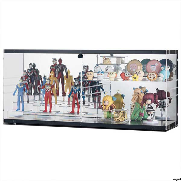 【スタッキング可能背面ミラー付きコレクションケース】 フィギュアケース 幅33.4cm スタッキング棚 アクリル 扉落下防止 ブラック