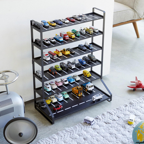 【ミニカー&レールトイ両面収納ラック】 タワー型ラック 幅51cm おもちゃ収納 トレー可動式 キッズ収納 スチールラック ブラック