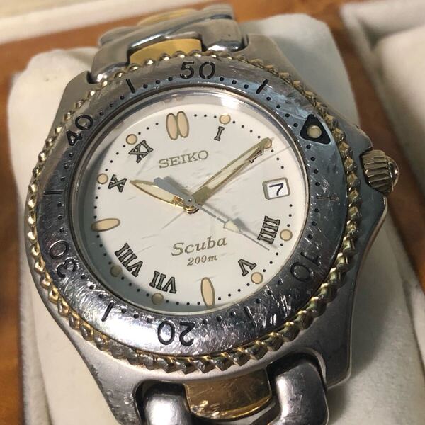 【即決/送料無料】SEIKO SCUBA 7N35-6080 quartz セイコースキューバ クォーツ 200M防水ダイバーウォッチ コンビカラー 中古腕時計 動作品