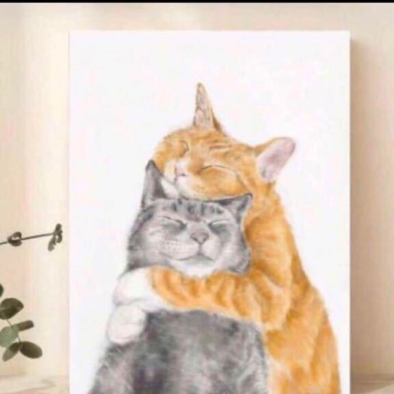 抱きしめ合うネコ やさしい絵画 猫好き アートポスター インテリア リビング 玄関 トイレ シンプル ディスプレイ プレゼント