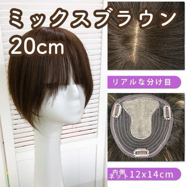 人毛100% 部分ウィッグ ヘアピース 頭頂部 ミックスブラウン 【20cm】