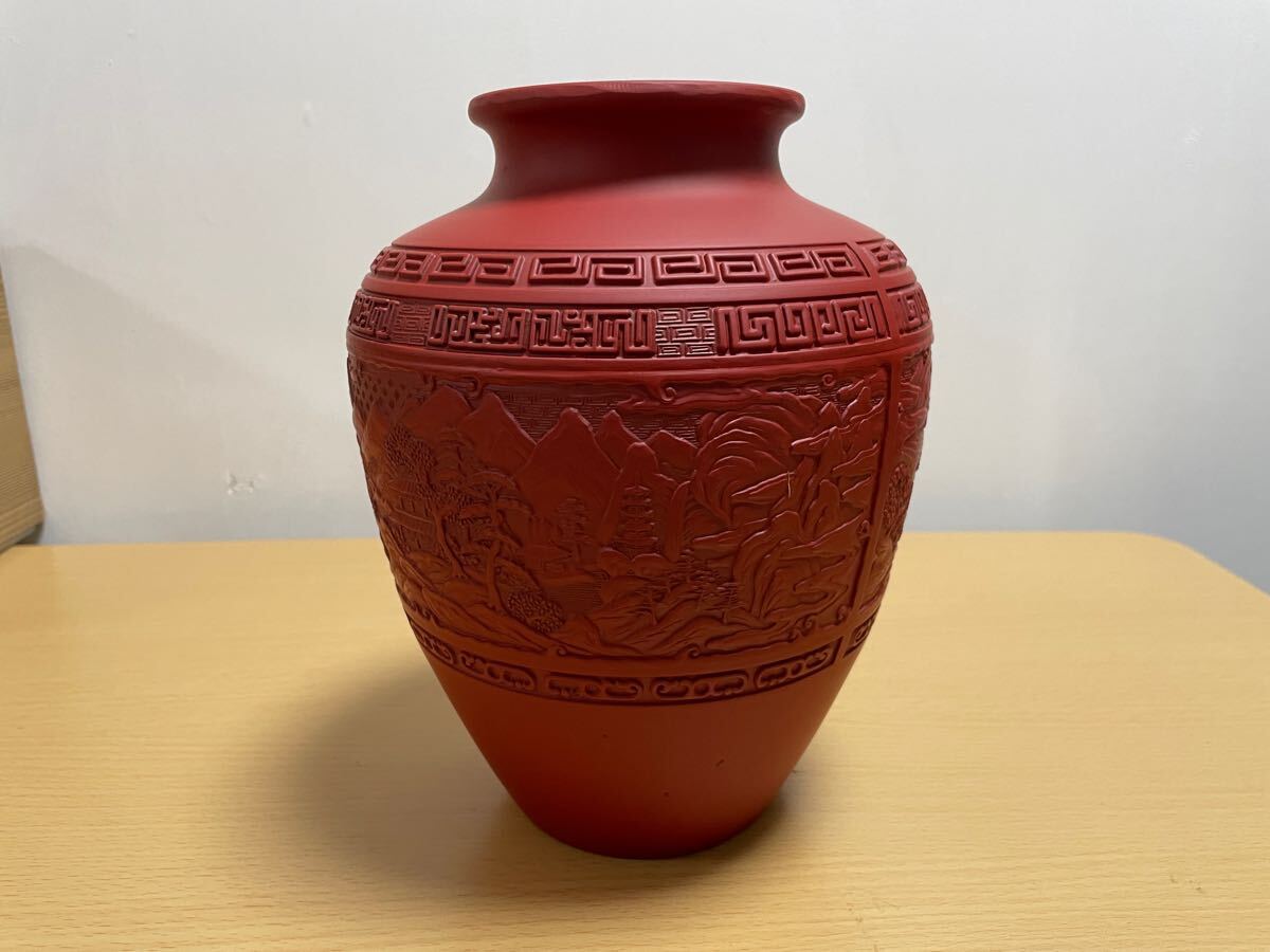 中国美術工芸品 唐物骨董 堆朱花彫 彫刻 赤壺 壺 飾り壺 花器