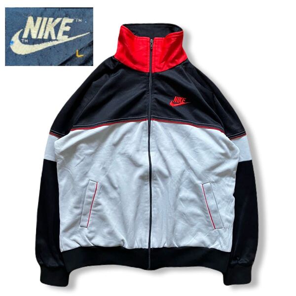 送料無料 80s NIKE 紺タグ ヴィンテージ トラックジャケット ナイキ 赤黒白 刺繍ロゴ Lサイズ ジャージ