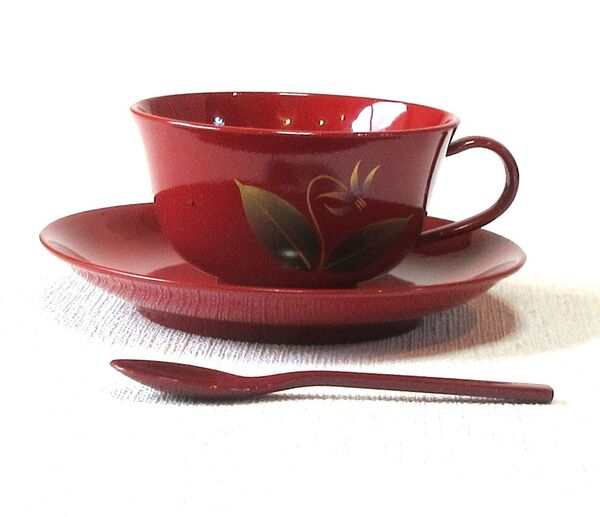 ★おもてなしに♪ 会津塗 コーヒーカップ 朱 かたくり蒔絵 スプーン付 単品★手描き蒔絵 送料無料