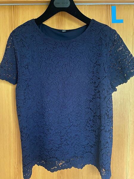 ユニクロ UNIQLO Tシャツ カットソー 総レース ストレッチ ネイビー 紺色 Lサイズ 半袖 クルーネック トップス エレガント セットアップ
