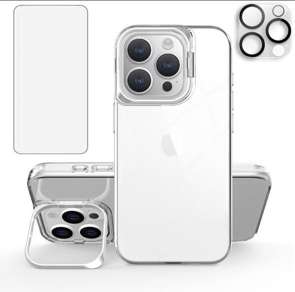 iPhone 15Pro max ケース(6.7インチ) + 液晶フィルム+ カメラフィルム スタンド付き 耐衝撃 クリア