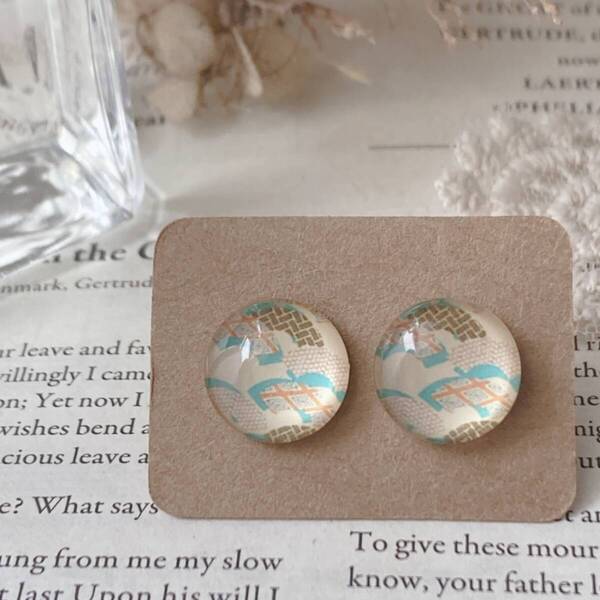ピアス 和柄ガラスカボション 和装アクセサリー 和風 着物 浴衣 ピンク 金色 水色☆vintage jewelry accessoriesR0443