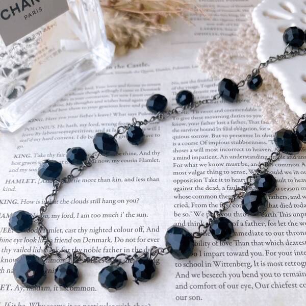 ネックレス ロング ガラスビーズ 黒 ブラック チェーン チャーム 美品☆vintage jewelry accessoriesR0467