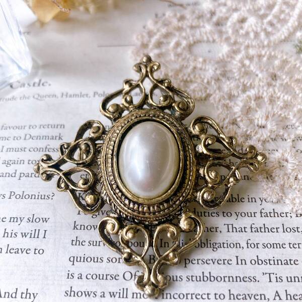 アンティークブローチ ゴールド 金古美 パール フィリグリー ヴィンテージ☆vintage jewelry accessoriesR0544