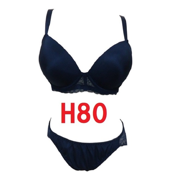 H80/L・ネイビー モールドカップ シームレスTシャツブラジャー(パッドつき)&ショーツ グラマーカップ 補正下着 大きいサイズ 新品