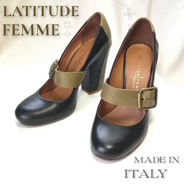 『LATITUDE FEMME|ラティチュードファ』太ヒール*ストラップ*パンプス VERO CUOIO(本革)35(22.5cm)バイカラー/ブラック グリーン