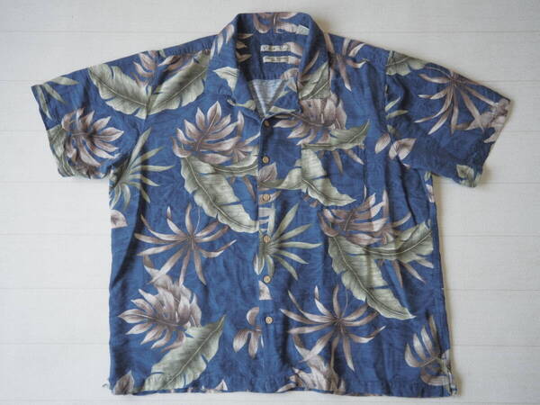 ☆送料無料☆ Batik Bay USA直輸入 古着 胸ポケット付き リーフ柄 シルク アロハシャツ メンズ XL ネイビー トップス 中古 即決
