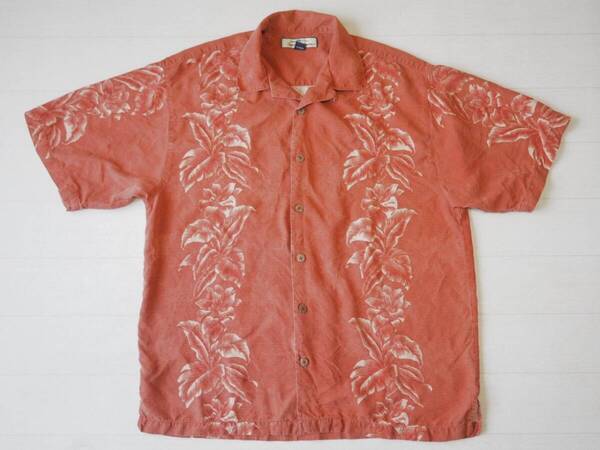 ☆送料無料☆ Tommy Bahama トミーバハマ USA直輸入 古着 リーフ柄 シルク アロハシャツ メンズ M ブラウン系 トップス 中古 即決