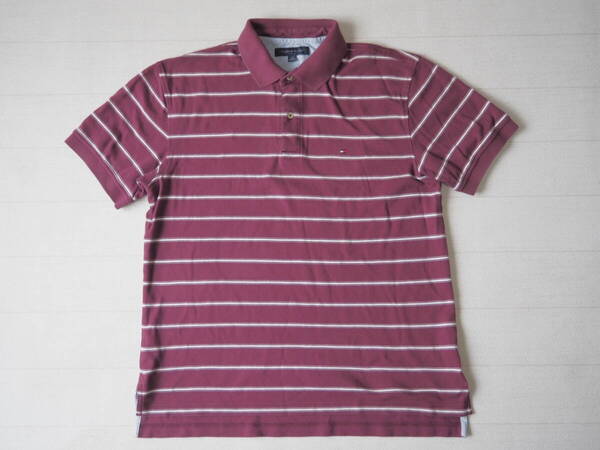 ☆送料無料☆ TOMMY HILFIGER トミーヒルフィガー USA直輸入 古着 半袖 ボーダー ロゴ ポロシャツ メンズ L ボルドー トップス 中古 即決
