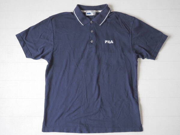 ☆送料無料☆ FILA フィラ USA直輸入 古着 半袖 カナダ製 ロゴ ポロシャツ メンズ L ネイビー トップス 中古 即決