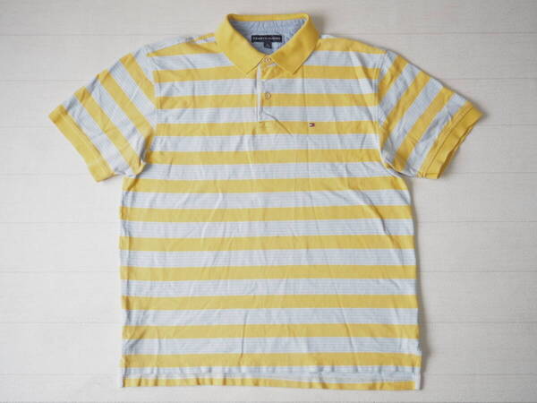 ☆送料無料☆ TOMMY HILFIGER トミーヒルフィガー USA直輸入 古着 ロゴ ボーダー ポロシャツ メンズ XL イエロー トップス 中古 即決