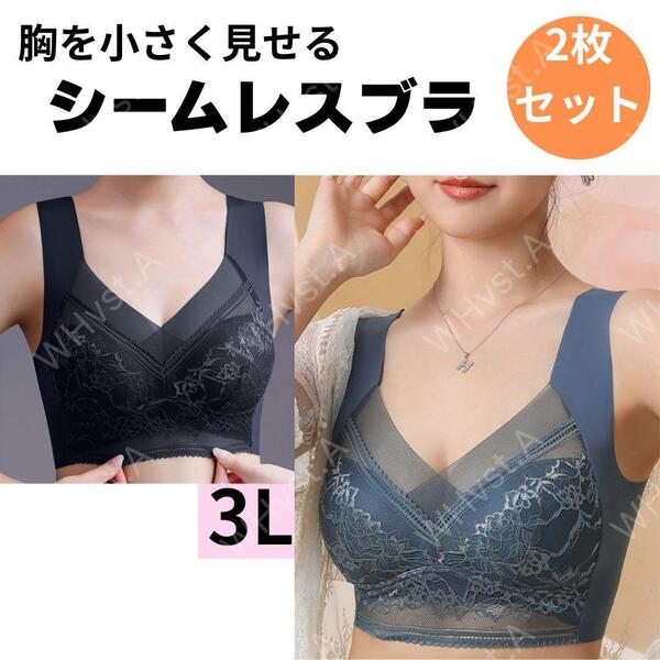 胸を小さく見せるブラ2枚 シームレスナイトブラ ノンワイヤー3L ブルーブラック