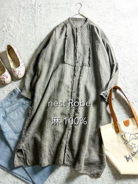 【nest Robe】ネストローブ リネンデニム バンドカラーシャツワンピース