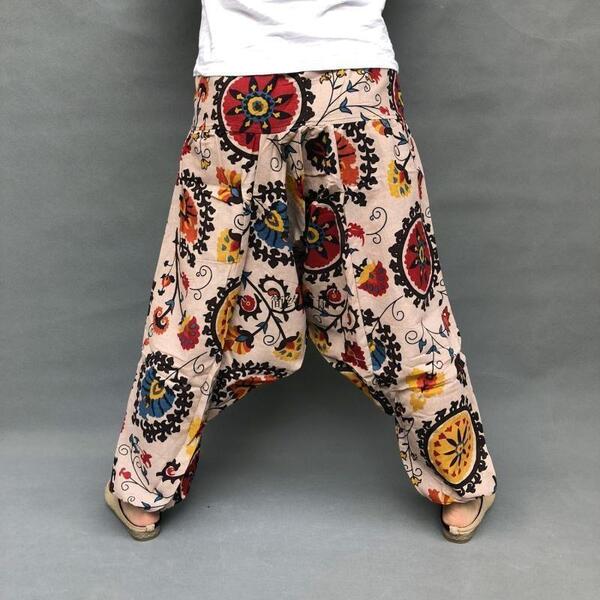 新品 サルエルパンツリネン 麻 花柄 アジアン エスニック柄 裾ゴム 残りわずか