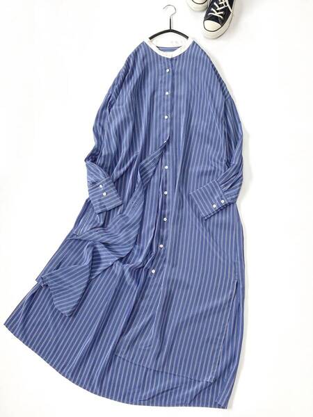 美品 JOURNAL STANDARD LUXE ジャーナルスタンダードラックス デシンストライプ クレリックバンドカラーシャツワンピース