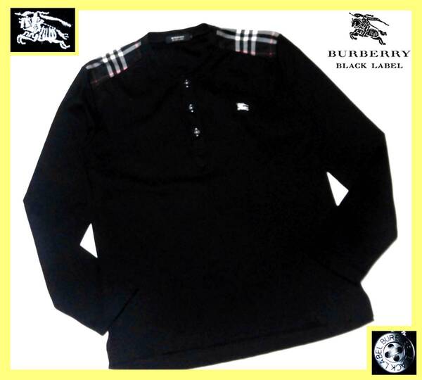 大人気 L(3) バーバリーブラックレーベル BURBERRY BLACK LABEL ホース刺繍 ショルダーノバチェックデザイン ヘンリーネック ロングTシャツ