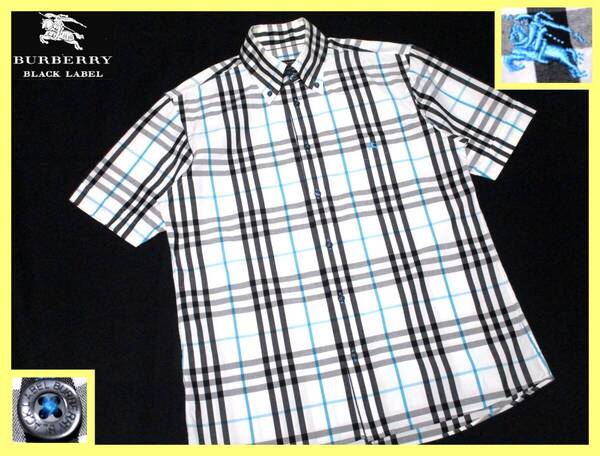 大人気サイズ L~LL(3)美品 バーバリーブラックレーベル BURBERRY BLACKLABEL ホース刺繍 フルノバチェックデザイン ボタンダウンシャツ 夏