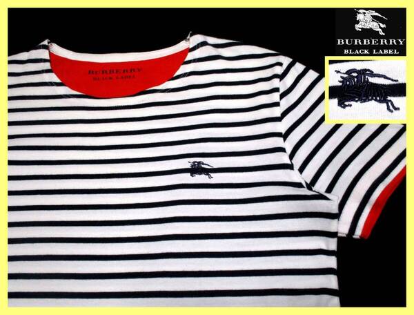 大人気 L(3)!美品!マリンボーダーデザイン レイヤード カットソー 日本製 夏◇バーバリーブラックレーベル BURBERRYBLACKLABELホース刺繍