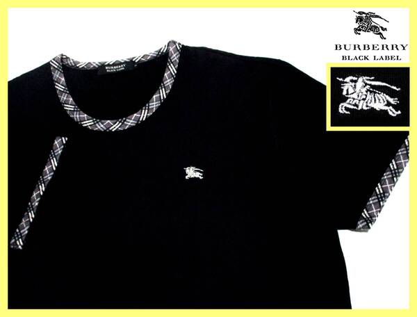 美品 バーバリーブラックレーベル BURBERRY BLACK LABEL ホース刺繍 首周り・袖口ノバチェックデザイン Tシャツ 日本製 サイズ M(2) 夏