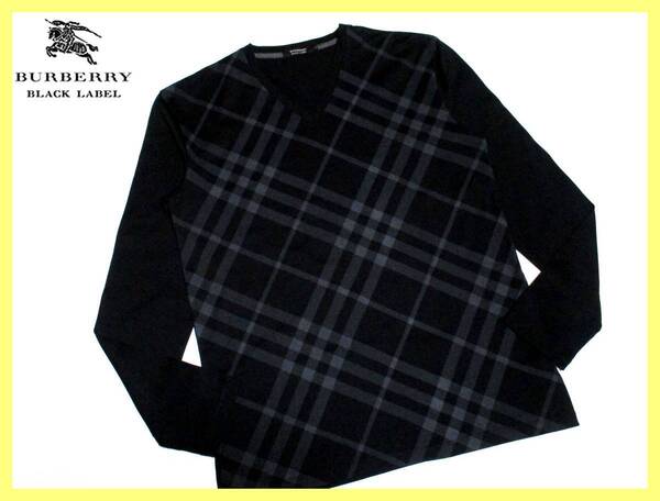 大人気サイズ L(3) 美品 バーバリーブラックレーベル BURBERRY BLACK LABEL 前身頃特大ノバチェックデザイン Vネック カットソー 日本製