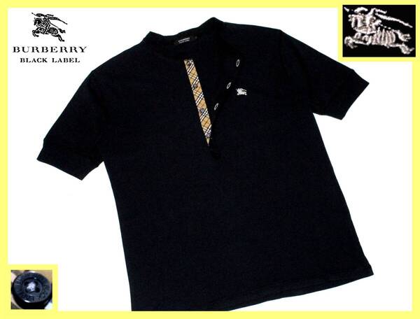 極美品 バーバリーブラックレーベル BURBERRY BLACK LABEL ホース刺繍 前立てノバチェックデザイン ヘンリーネック Tシャツ サイズ M(2)