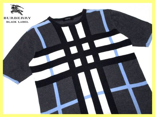 激レア!! 前身頃メガノバチェックデザイン!!美品!バーバリーブラックレーベル BURBERRY BLACK LABEL 半袖 ニットカットソー M(2) 夏