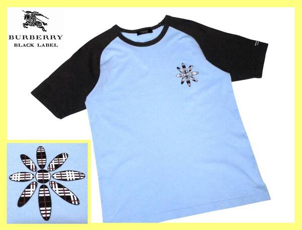 激レア ノバチェック柄フラワープリントデザイン バーバリーブラックレーベル BURBERRY BLACKLABEL バイカラー Tシャツ 日本製 M(2) 夏