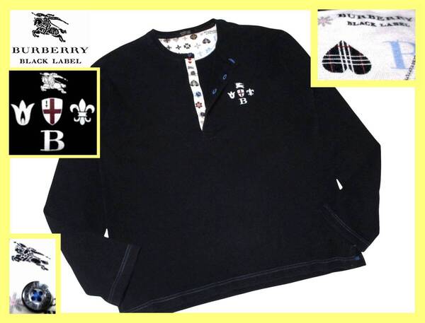 激レア!襟首・前立てモノグラムデザイン!大人気 L(3)!ヘンリーネックロングTシャツ◇バーバリーブラックレーベル BURBERRYBLACKLABEL