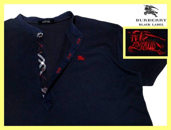 大人気サイズ L(3) バーバリーブラックレーベル BURBERRY BLACK LABEL ホース刺繍 前立てノバチェックデザイン ヘンリーネック Tシャツ